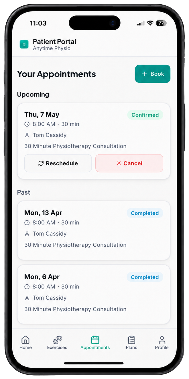Patient app — appointments list with reschedule and cancel actions