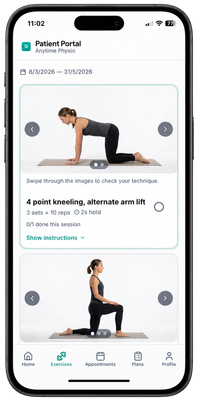 Patient app — exercise plan with photos, sets and reps
